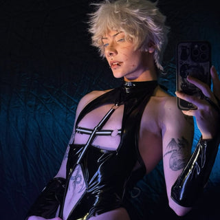 Photos of a model wearing a dark Gothic style cosplay costume