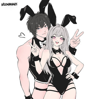 Anime-style illustration of two characters in bunny-themed outfits posing together on a plain white background. One character has dark hair and a muscular build, wearing a black bunny costume with a collar and bow tie.
