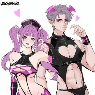 Anime-style illustration of two elf-like characters in revealing black and pink outfits against a white background, with the word 'VELOOMBRANCE' in the top left and pink heart accents.