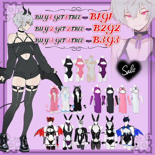 Promotional collage for anime-style bunny costume sets on a lavender background, showing a large black bunny bodysuit on a mannequin, multiple smaller mannequin displays in black, pink, white, purple, and gray bunny outfits, several full-body bunny character figures, and sale text including 'BUY 1 GET 1 TREE - B1G1' and 'Buy 2 Get 2 Tree - B2G2'.