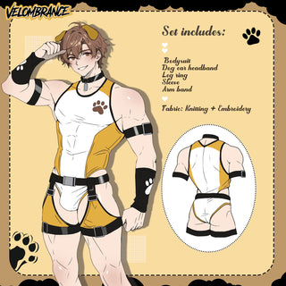 A product listing graphic for a custom anime cosplay harness set. The set includes a bodygruit, leg ring, sleeve, and arm band, shown on a male model character and a back-view inset.