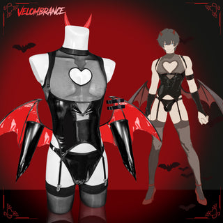 Black latex devil-themed bodysuit with red devil wings, garter details, and a white heart on the chest, displayed on a mannequin with an anime-style character model reference on a red background.