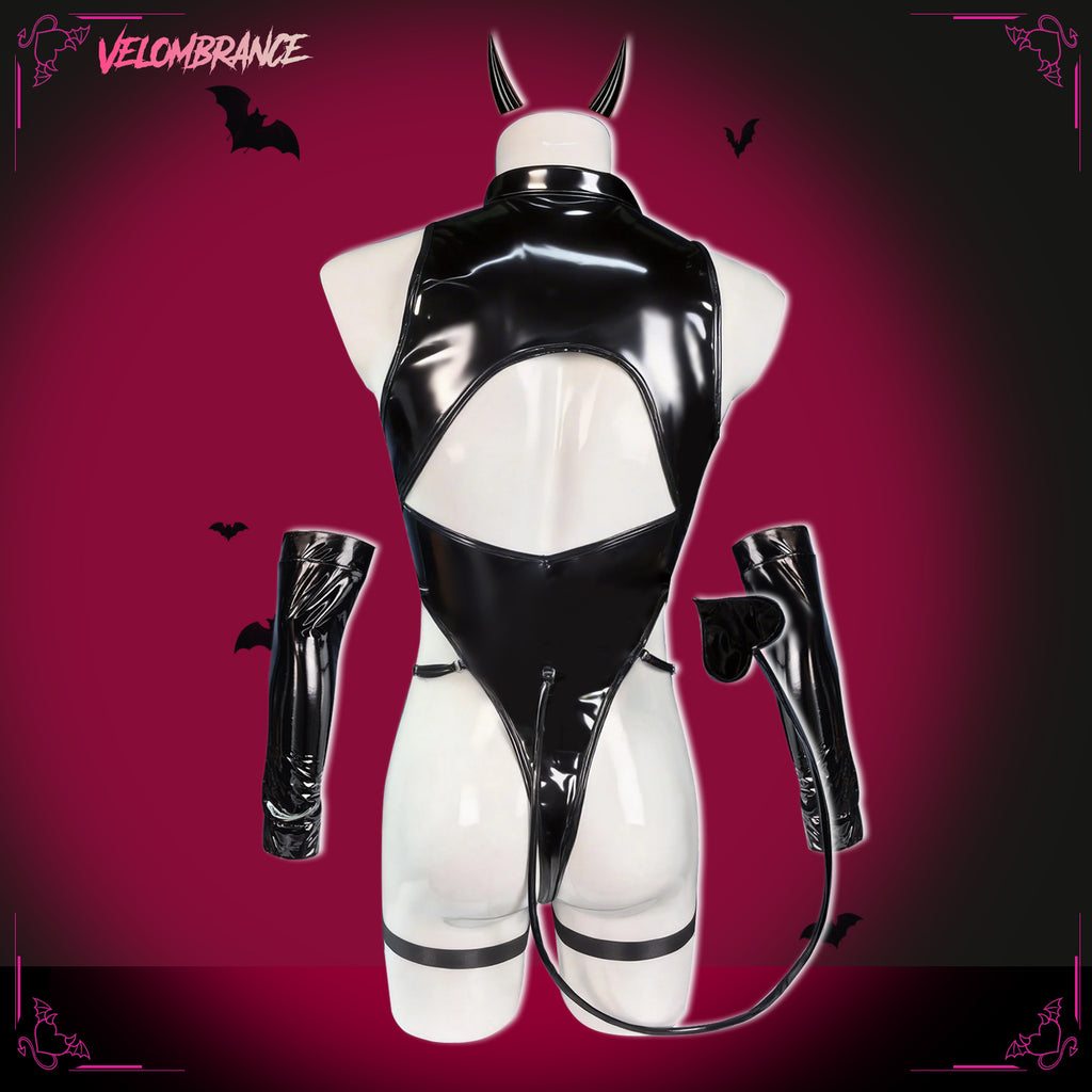 Devil Shiny Leather Strap Bodysuit (4-Piece Set) AS01