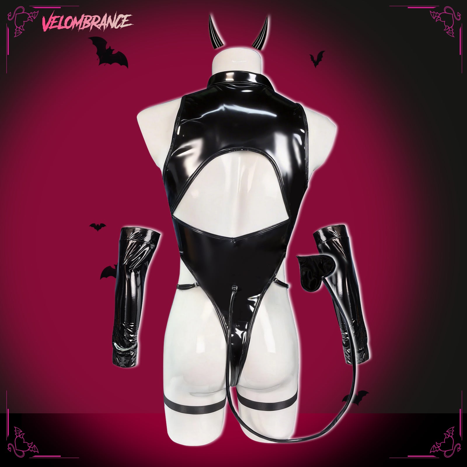 Devil Shiny Leather Strap Bodysuit (4-Piece Set) AS01