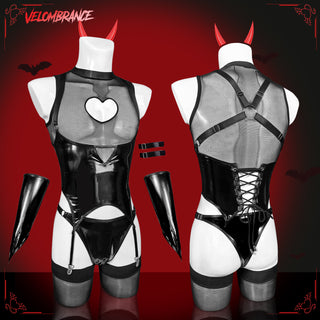 Black latex and mesh devil-themed lingerie set displayed on two mannequins, showing front and back views with red horns, thigh-high black boots, and garter straps against a dark red background.