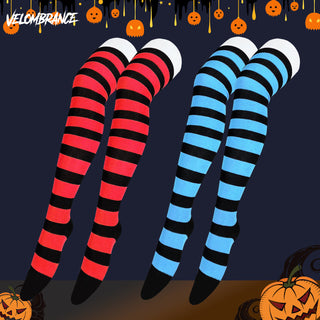 Three pairs of striped thigh-high socks shown against a Halloween-themed dark background: two red-and-black striped pairs and two light blue-and-black striped pairs, with pumpkins and the brand name VELOMBRANZA visible.