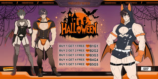 Promotional graphic for a Halloween-themed anime merchandise bundle, featuring three muscular male anime characters in costumes on a purple and orange Halloween background with a central 'Halloween' logo and a list of purchase-get-free offers.