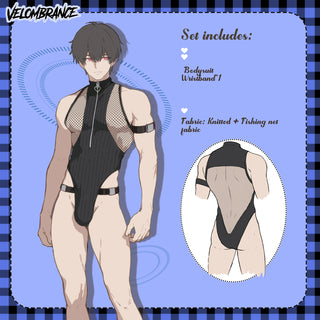 An anime-style product listing graphic showing a male model wearing a black fishnet bodysuit with a front zipper and mesh panels. The image includes text listing included items: a bodysuit, wristband 1, and tabite, plus a circular inset showing the back view of the bodysuit.