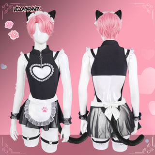 A pink-haired anime-style costume displayed on a mannequin from the front and back, featuring a black and white cat-themed outfit with a heart emblem on the chest, a white apron with a pink paw print, and a long black tail against a pink background.