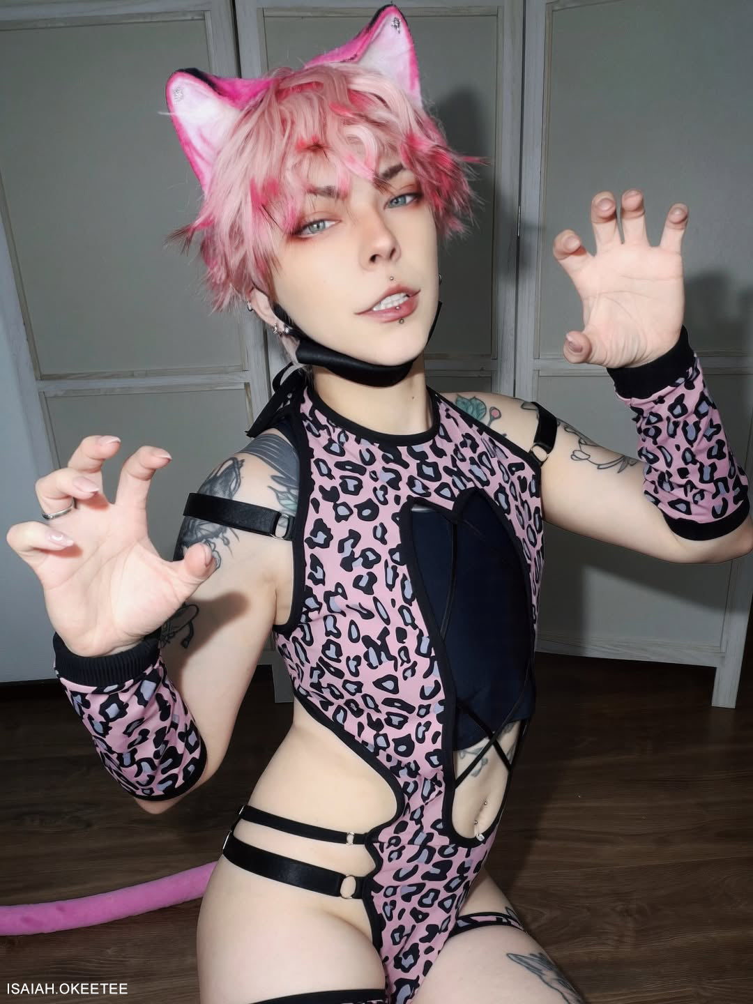 Pink Leopard Print Bodysuit  (5-Piece Set) AS55