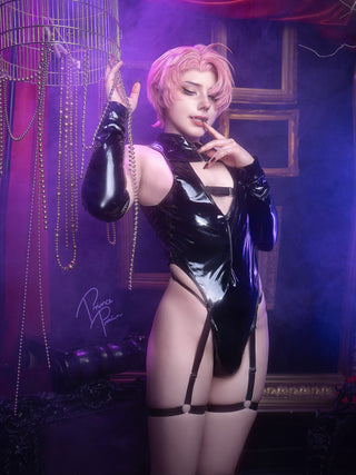 Velombrance men's black patent leather bodysuit featuring detachable sleeves, harness garters, front view